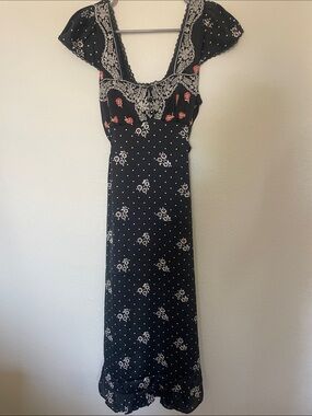 Black Floral Maxi Dress with Lace Trim
